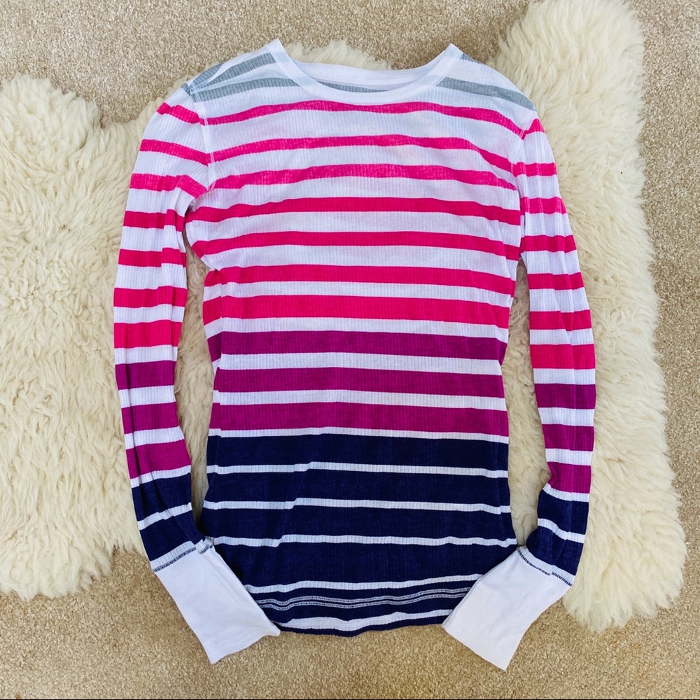 Striped pink purple white long sleeve waffle shirt
